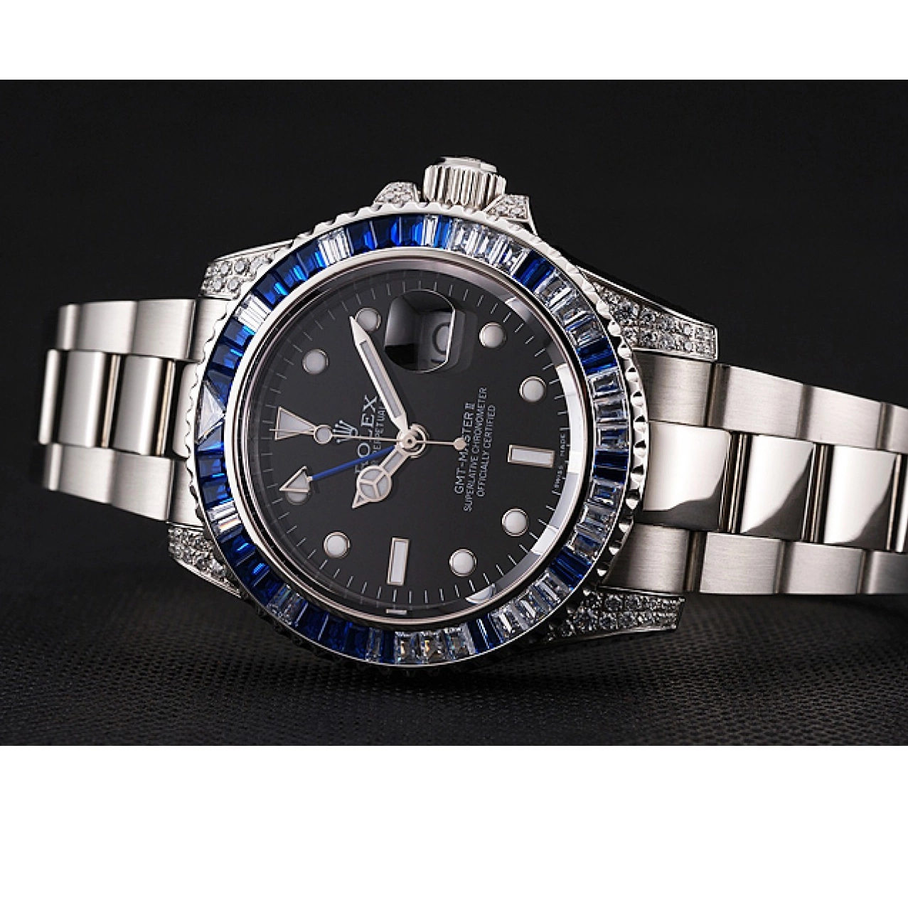 Aaa fake watches II Bezel Set 1453747 Dial Stainless GMT And Master Black Swiss Case Steel Stone Bracelet Rolex 0602